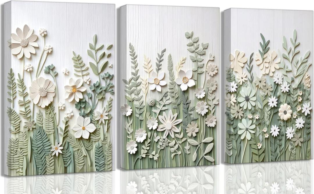 3 Pcs Sage Green Wildflowers Canvas Wall Art Neutral Minimalist Abstract Boho Floral Botanical Painting Pictures Wall Decor Poster Print Artwork for Living Room Bedroom Home Decoration, 24L" x 16W"