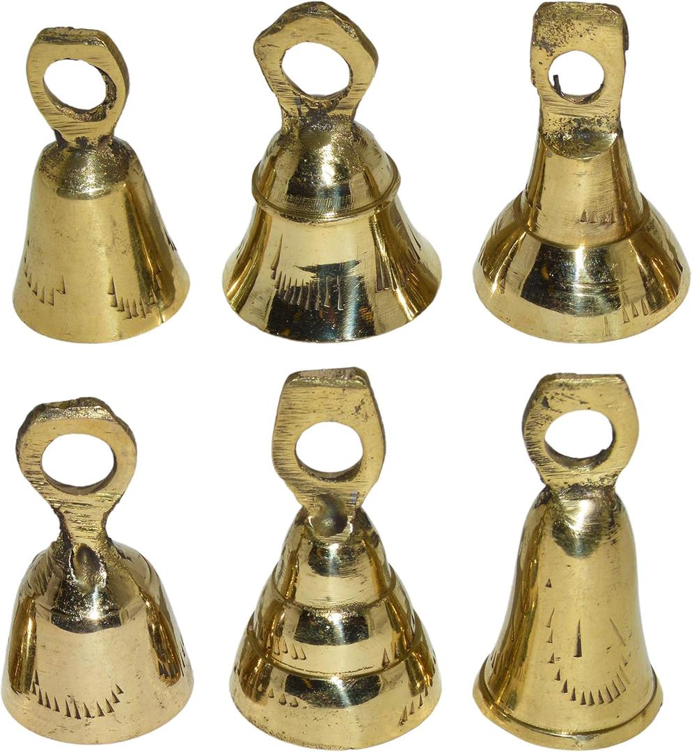 6 Assorted Mini Brass Bells with Loops for Hanging, Functional Decoration for Crafting, Door Chime, Wedding Chimes, Gold Color by SciencePurchase