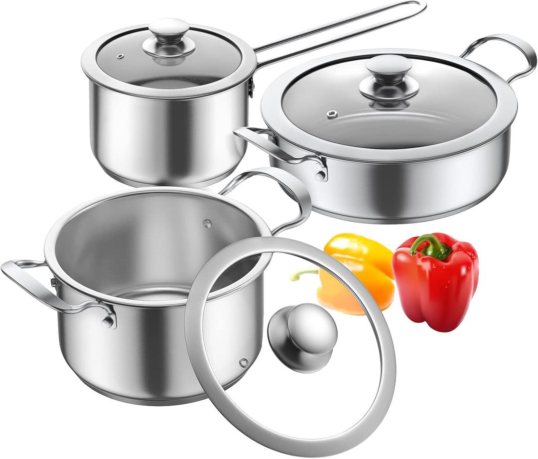 Aufranc Stainless Steel pots and pans set, 6 Piece Nonstick Kitchen Induction Cookware Set, Works with Induction/Electric and Gas Cooktops, Nonstick, Dishwasher
