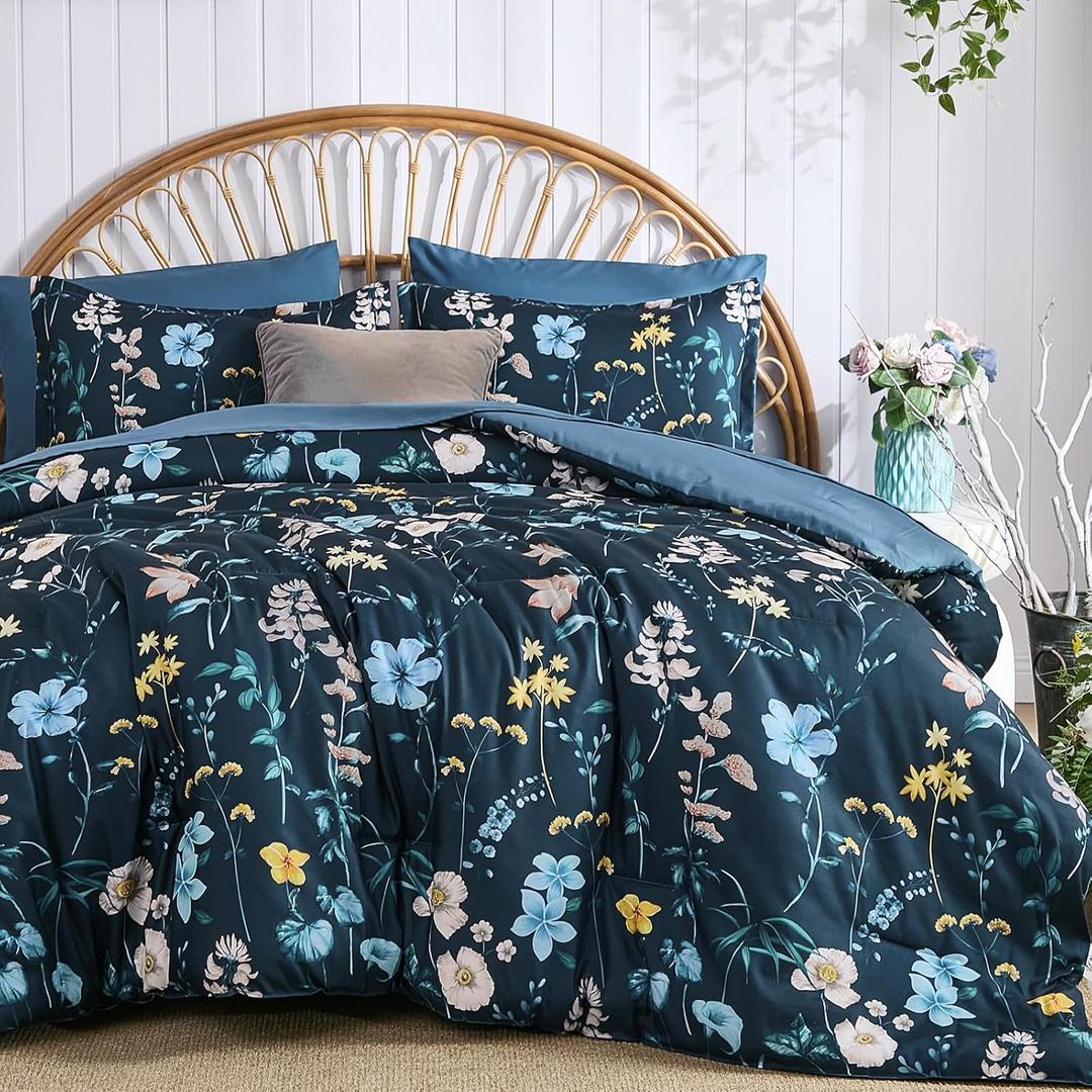 DJY Comforter Set Queen Size,Teal Blue Floral Bedding Comforter Sets, 7 Pieces Bed in a Bag Lightweight Botanical Comforter Set with Sheets Pillowcases & Shams for All Seasons