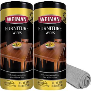 Weiman Wood Polish and Cleaning Wipes, For Furniture Cleaner, Protect from Watermarks, Stains & Aging, No Build-Up, UVX-15 Prevent Drying, Fading & Discoloration, 2 Pack with Microfiber Cloth