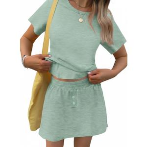 TCOT Pajamas for Women Set Summer Fashion Short Sleeve Crewneck Tops with Skirt Sets Pajama Casual Loungewear (Large, Mint Green)