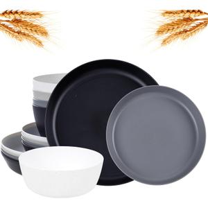 EI 12pcs Wheat Straw Plates,Wheat Straw Dinnerware Set,Plate and Bowls Sets,Plastic Plates Reusable-White,Black,Grey,Dark Grey,Dinner Plate Set of 4 Kitchen,Picnic