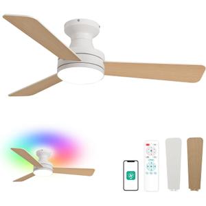 Orison 42-Inch Ceiling Fans with Lights, Low Profile, Flush Mount, Features RGB Backlight, Dimmable Lighting, 6 Speeds, 3 Reversible Blades, Remote and App Control, White