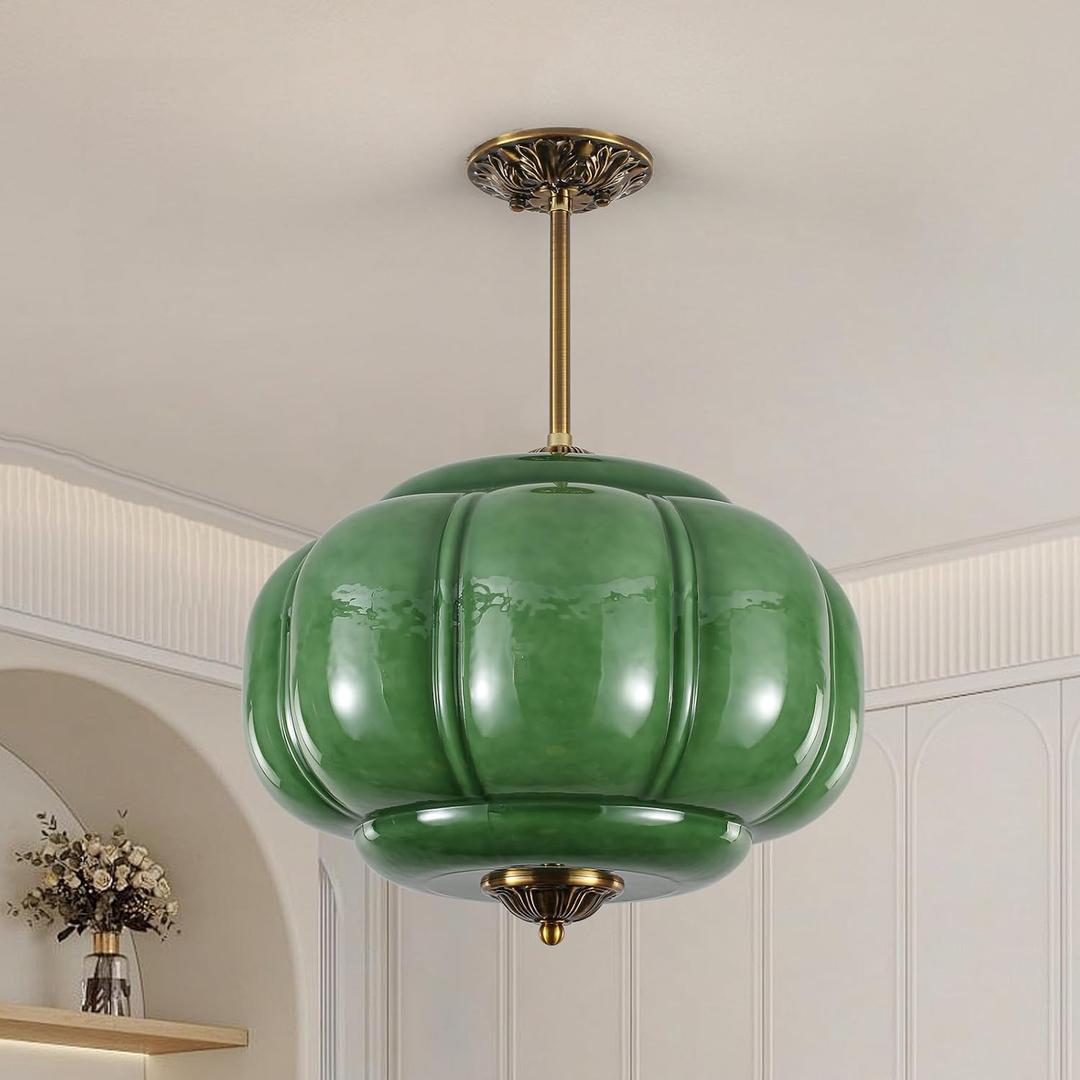 Antique Green Glass Ceiling Light Fixture, 15" Vintage Pendant Light, Mid Century Semi Flush Mount Ceiling Light for Kitchen Island, Entryway, Foyer, Dining Room, Bedroom, Hallway