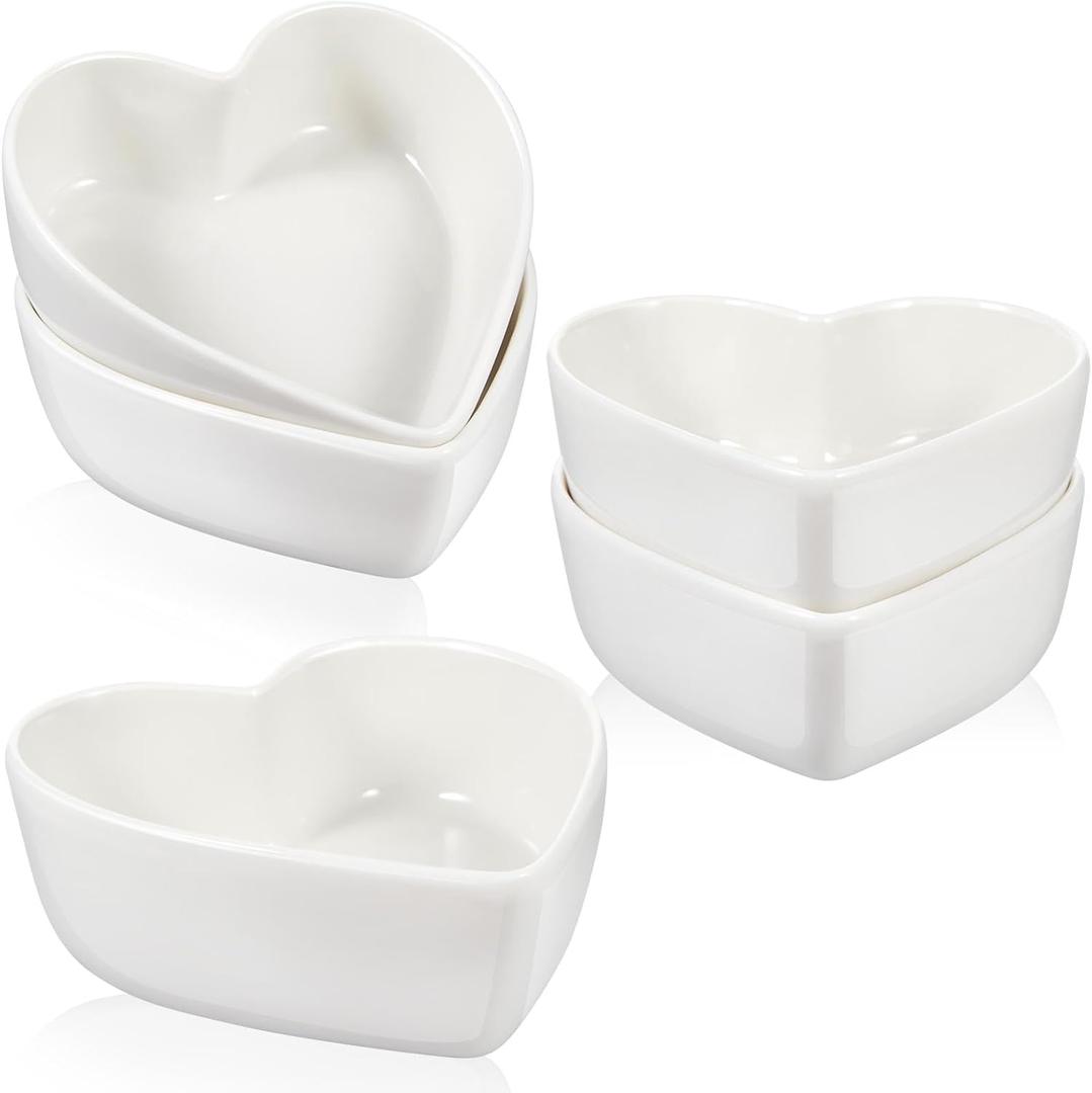 Skylety 4 Pcs Heart Shaped Bowls Valentine Ceramic Dessert Bowls Salad Kitchenware Cooking Gifts for Serving Dipping Seasoning Wedding Anniversary (White,4.5 Inch)
