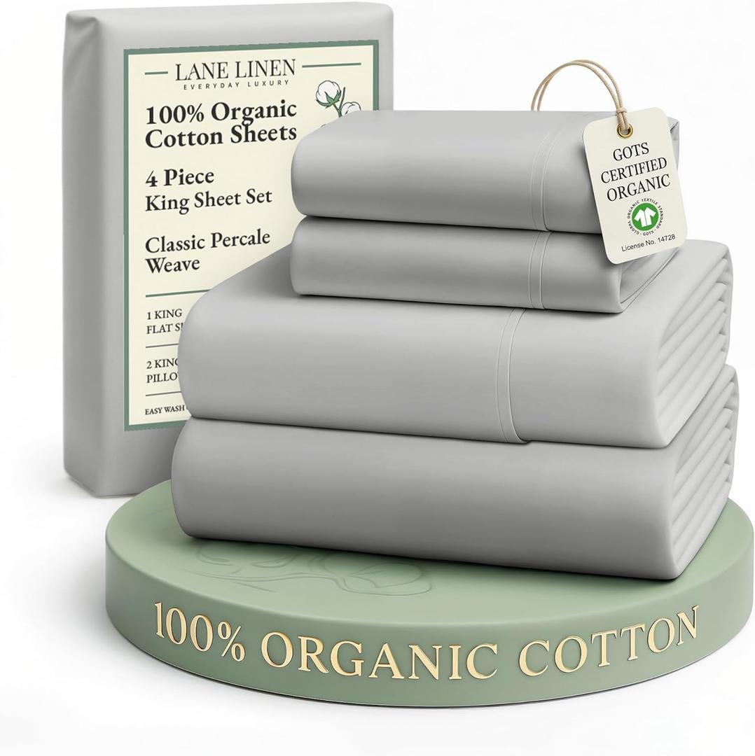 LANE LINEN 100% Organic Cotton King Sheet Set, 4Pc Cotton Sheets King Size, Soft & Comfy Percale Eco Friendly Sustainably Produced Bedding Sheets & Pillowcases, 15" Deep Pocket King Sheet Set - Silver