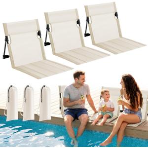 3 Pack Portable Poolside Chairs, Foldable Beach Chairs for Adults, Lightweight Legless Ground Seat with Carry Bag, Small Beach Chair for Edge of Pool, Lawn, Travel, Camping (Beige), Large