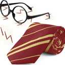 Novelty Cosplay Tie Wizard Glasses with Round Frame No Lenses Lightning Tattoos for Birthday Party Costume Accessories Necktie Halloween Party (Red Tie+Glasses+Tattoos) (DYDY-011)