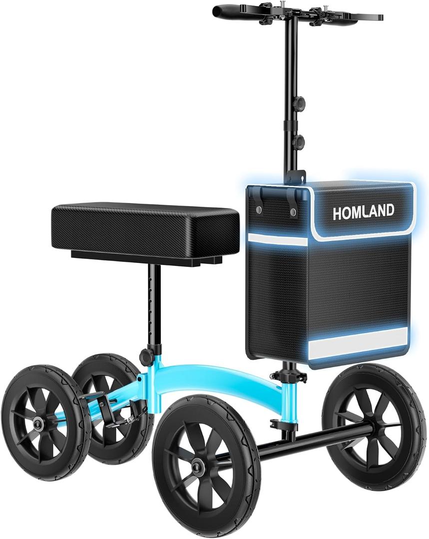 HOMLAND Knee Scooter Walker for Adults Foot Injuries Ankle Surgery, Foldable Steerable Leg Scooters with Dual Handbrake, Height Adjustable Handle & Knee Pad, Removable Storage Bag, 300 lbs Capacity