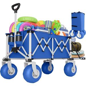 Heavy Duty Beach Wagon with Big Wheels for Sand, 10" Wheel Collapsible Wagons Foldable Large Wagon Cart Folding All Terrain for Camping(Blue)