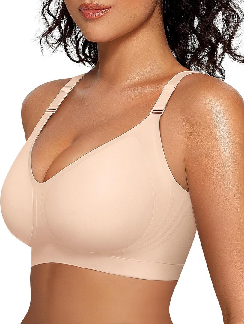 OEAK Womens Seamless Bras Comfortable Bra No Underwire Full Support Bralette Push Up Plus Size V Neck Sleeping Tshirt Bras (3X-Large, Nude)