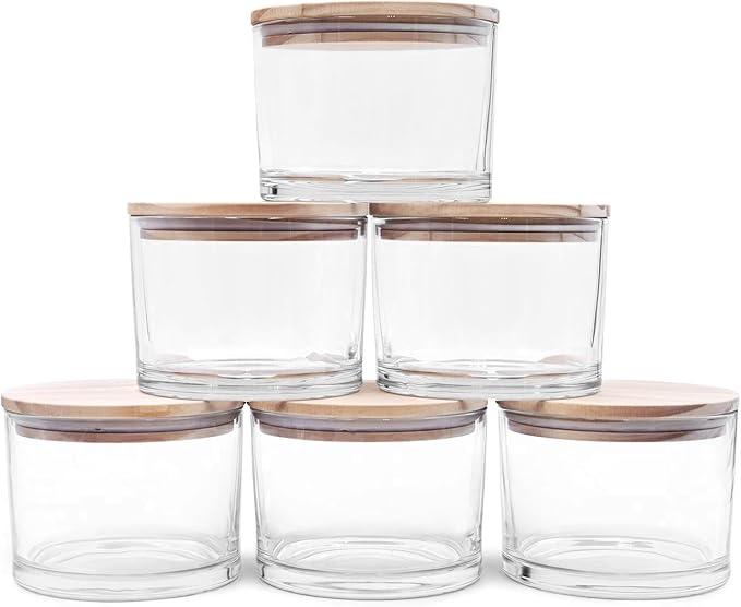 SHOWIN 18 OZ Thick Candle Jars for Making Candles 6 Pcs, Empty Jars with Wood Lids for Candle Making, Sample Container,Clear