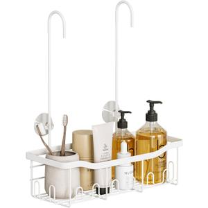 BYT Shower Caddy Hanging, Organizer Hanging for Bathroom, Shower Basket with Hooks, Shower Storage, Shelf, Rack No Drilling for Faucet or Cross Bar (White)