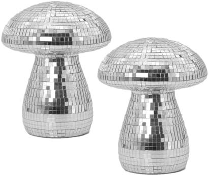 Wittolins Silver Disco Ball Mushroom Ornaments - Pack of 2 Retro Party Décor for Weddings, Events, Birthdays, Baby Showers Unique Disco-Themed Decorations for Tables and Displays (Silver)