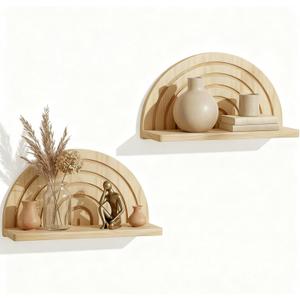 2Pcs Boho Wooden Arched Wall Shelf Mid Century Modern Shelf Wooden Hanging Plant Wall Display Shelves Floating Half Round Rainbow Shelves For Bedroom Bathroom Hallway Balcony Bookstore Decoration