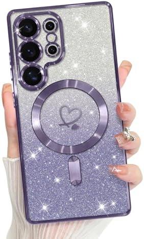 Bonoma Compatible with Samsung Galaxy S25 Ultra Case Support for MagSafe, Plating Heart Magnetic Case TPU Camera Protection Back Cover for Phone Case - Purple