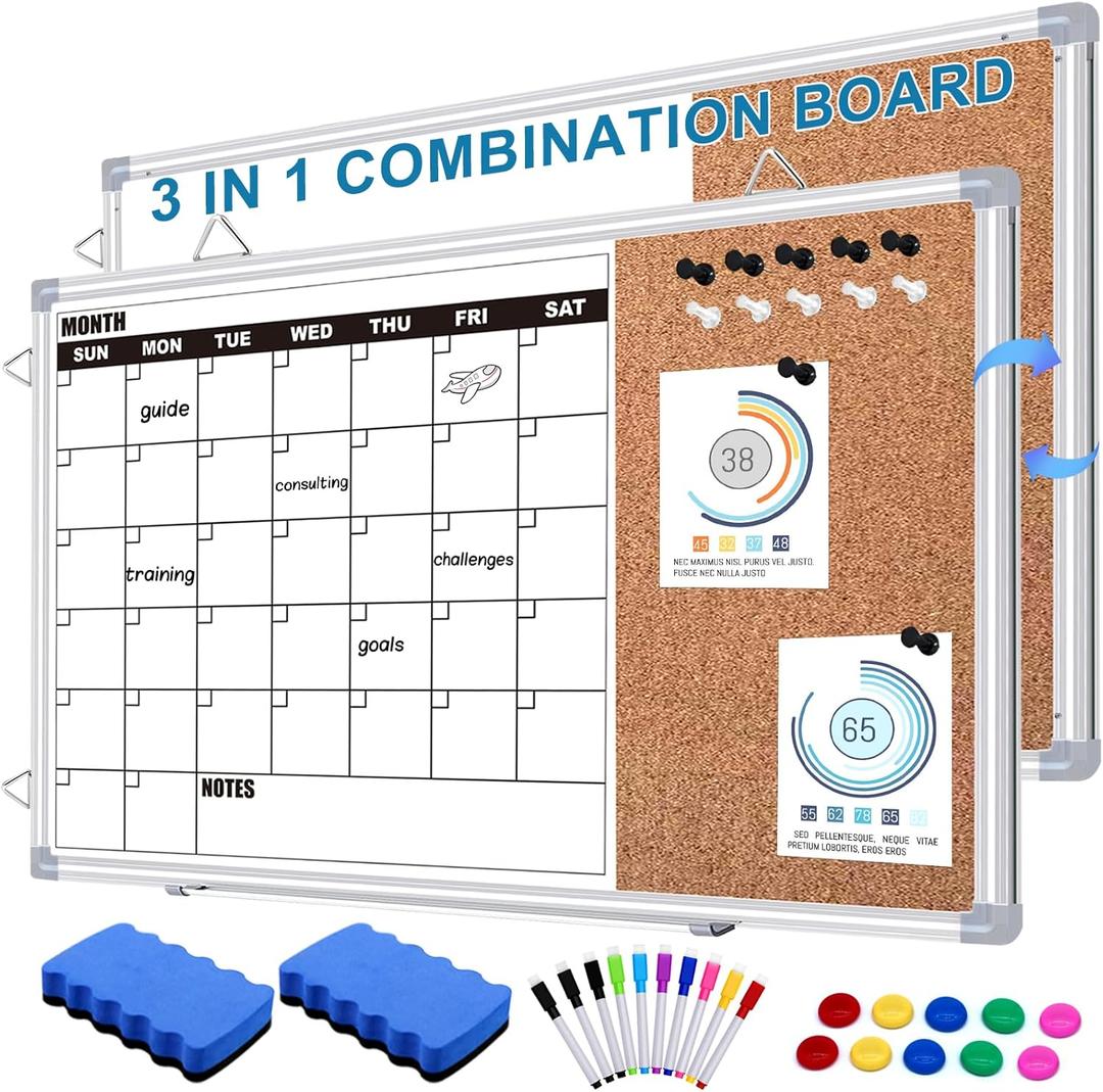 Calendar Whiteboard for Wall, 36" x 24" Double Sided Monthly Dry Erase Board Calendar for Office, Home, School, Hanging Cork Board White Board Combo, Portable Magnetic Dry Erase Planner Board