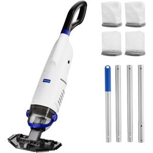 Cordless Handheld Pool Vacuum Cleaner 1110 GPH True Strong Suction 60min Run-time 40m Ultra Fine Mesh Filter for Leaves Debris,with Aluminum Pole&Angle Head for Hot Tubs,Inground &Above Ground Pools (Blue)
