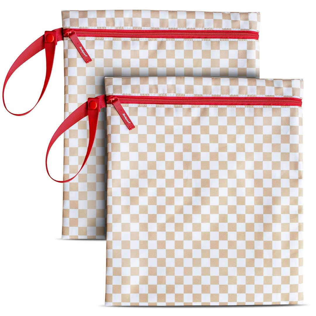 Bodysurf Wet Bags for Baby, Toddlers, Kids  2 Pack Large Reusable Wetbag for Swimsuits, Diapers, Daycare, Gym, Laundry  Waterproof Diaper Bag Accessory & Baby Travel Essentials (Checkered, Tan)