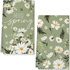 GEEORY Wildflower Hello Spring Summer Kitchen Towels Set of 2,18x26 Inches White Dish Cloths -Floral Leaves Farmhouse Design,Holiday Hand Towels for Spring Decor & Gifting