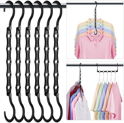 HOUSE DAY Closet Organizers and Storage 6 Pack, College Dorm Room Essentials, Multifunctional Organizer Magic Space Saving Hangers with 5 Holes, Storage Organization for Wardrobe Closet - Black