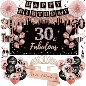 30th Birthday Decorations for Women,  30th Birthday Crown and Sash, Black Rose Gold Happy 30th Birthday Banner Balloons Backdrop Hanging Swirls Paper Fans, 30 Years Old Birthday Decorations Kit