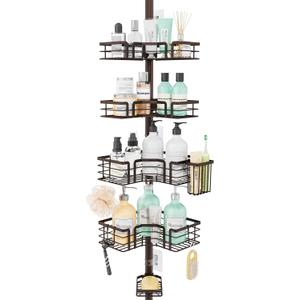 SWTYMIKI Shower Caddy Tension Pole - 4-Tier Corner Shower Organizer Tension Rod with Soap Holder, Toothbrush Holder & 4 Hooks, Adjustable Stainless Steel Bathroom Organizer 27.6 to 108.3 inch, Bronze