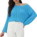 2025 Fall Cropped Sweater for Women Off The Shoulder Pullover Fluffy Knit Fashion Crop Top Holes Design (Blue)