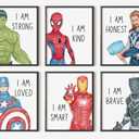 ShopHaven Superheroes Art Print Set Of 6, ‘I AM’ Affirmations, Boys Bedroom Décor, Kids Wall Art, Iron Man, Hulk, Spiderman, Thor, Black Panther and Captain America, Superheroes (11x14) - UNFRAMED