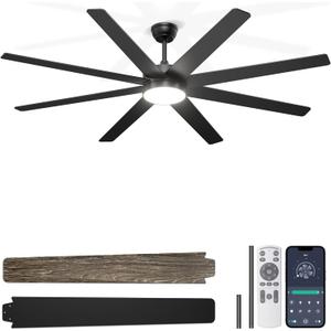 72'' Large Ceiling Fans with Lights, Modern Black Ceiling Fan Remote/APP Control, Dimmable, Quiet DC Motor Big Ceiling Fan for Indoor/Covered Outdoor