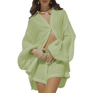 Fixmatti Women 2 Piece Outfits Summer Shorts Sets Lantern Sleeve Button Down Shirt and Shorts Sweatsuit (Light Green)