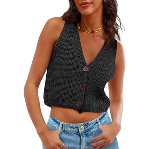 Saodimallsu Womens Cropped Sweater Vest V Neck Button Down Y2k Crop Knit Summer Trendy Sleeveless Chunky Tank Tops M