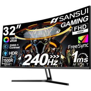 SANSUI 32 Inch Curved 240Hz Gaming Monitor High Refresh Rate, FHD 1080P Gaming PC Monitor HDMI DP1.4, Curved 1500R, 1Ms MPRT, HDR,Metal Stand,VESA Compatible(DP Cable Incl.)