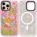 for iPhone 16 Pro Max Case Cute - Compatible with Magsafe - Durable Shockproof 6.6 ft Drop Impact Phone Case - Funny Passion Flower Design (6.9") Glitter Pink