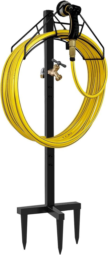 Freestanding Outdoor Garden Hose Holder Stand with Brass Faucet, Heavy Duty Metal Water Hose Reel Storage Stake Rack for Backyard, Black (Hose not Included)
