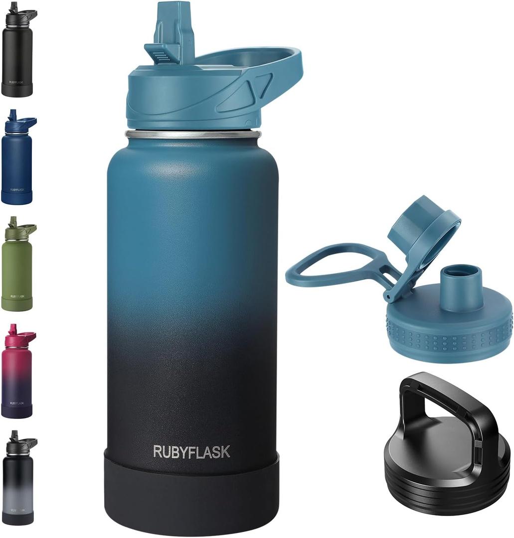 RUBYFLASK 32oz Insulated Water Bottle with Straw, Stainless Steel Metal Vacuum Water Flask, Large Thermal Water bottle with Leakproof 3 Lids for Travel, Camping, Gym Sports Indigo Black