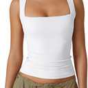 QINSEN Women's Double Layer Tank Tops Square Neck Sleeveless Basic Tight T Shirts (Medium)