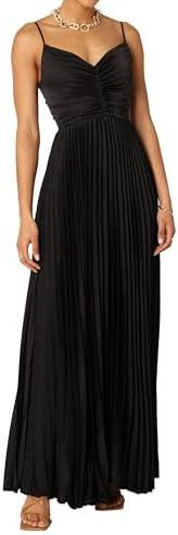 LASPIA Women's Pleated Dress Formal Adjustable Spaghetti Strap Maxi Solid Bridesmaid Evening Party Dresses M-L