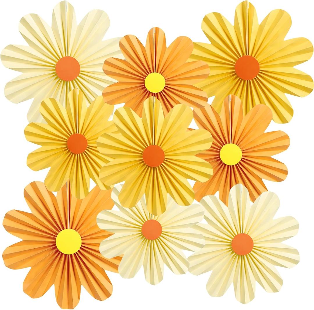 SUNBEAUTY 9 PCS Orange Paper Flowers Decorations for Wall and Fans - Daisy Decoration Paper Floral Backdrop