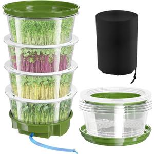 4-Tier Sprouts Growing Kit with Drain Hose & Ventilation Holes, Stackable Microgreens Growing Sprouting Trays Including Blackout Cover, Soil-Free Sprouter for Planting Broccoli Alfalfa Bean Seeds