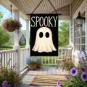 Spooky Ghost Halloween House Flag 28 x 40 Inch Double Sided Decorative Fall Holiday Garden Flags Banner for Outdoor Porch Yard Decor Seasonal House Flags and Home Decorative Display