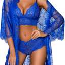 Avidlove Women Sexy Lingerie Set 3 Piece Bra and Panty Sets with Lace Kimono Robe Sleepwear Mesh Nightgown (Large, Blue)