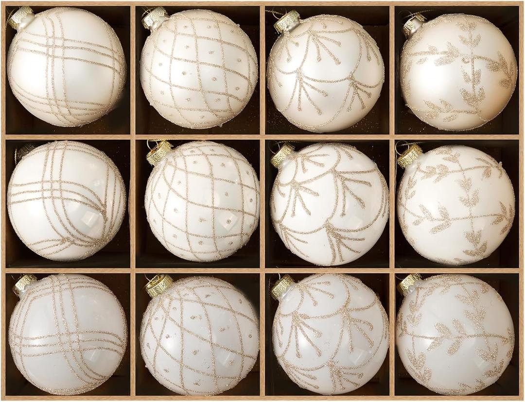 DN DECONATION Christmas Ball Ornaments Set of 12  3.14 White Glass Ball Ornaments with Gold Glitter Lines, Elegant Glass Christmas Decorations for Tree Holiday Dcor Wedding Party & Home