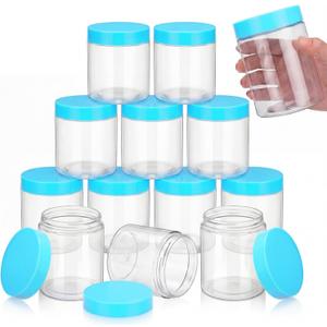 SATINIOR 12 Pack 16 oz Plastic Container Jars with Lids Round Clear Travel Cosmetic Container Slime Jars for Toiletries, Lotion, Cream, Ointments, Makeup, Rhinestone, Samples, Kitchen Storage(Blue)