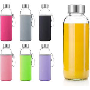 Glass Water Bottles 6 Pack With Sleeves and Stainless Steel Lids - 18oz Size - Leak Proof Caps, Reusable and Perfect For Travel and Storing Beverages Juice, Smoothies, Kombucha, Kefir, Tea