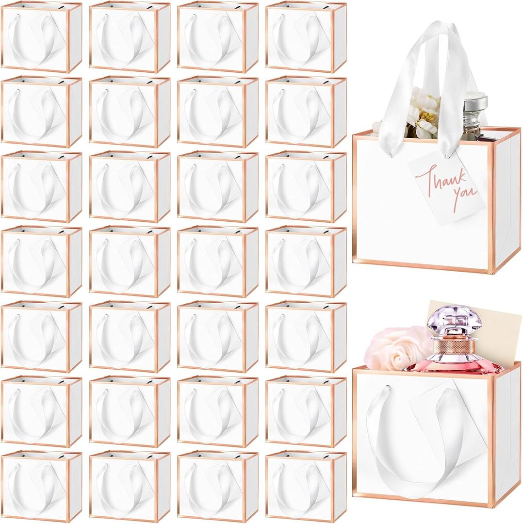Yeaqee 50 Pcs Mini Metallic Gift Bags with Handles 4x4.75x2.25'' Tiny Thank You Favor Bags with Tag for Easter Mother's Day Wedding Spring Welcome Baby Shower Graduation Birthday (White,Rose Gold)