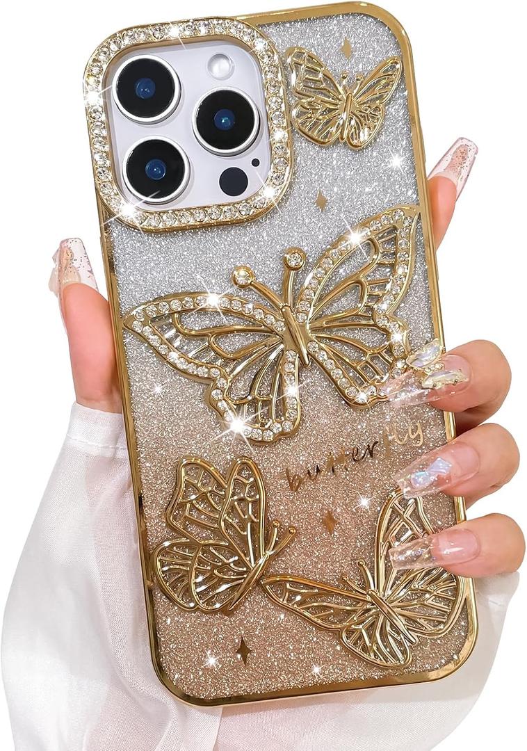 Bonoma Glitter Case for iPhone 15 Pro Max, Cute 3D Butterfly Pattern Plating Bling Case,Camera Protection Sparkly Slim Soft Back Cover for Women Girls,Gold