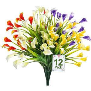 TURNMEON 12 Bundles Calla Lily (300 Heads) Artificial Flowers for Outdoors, Fake Plants UV Resistant Faux Plastic Fake Flowers for Indoor Home Porch Yards Spring Summer Cemetery Decor(Color Mix) (12P)