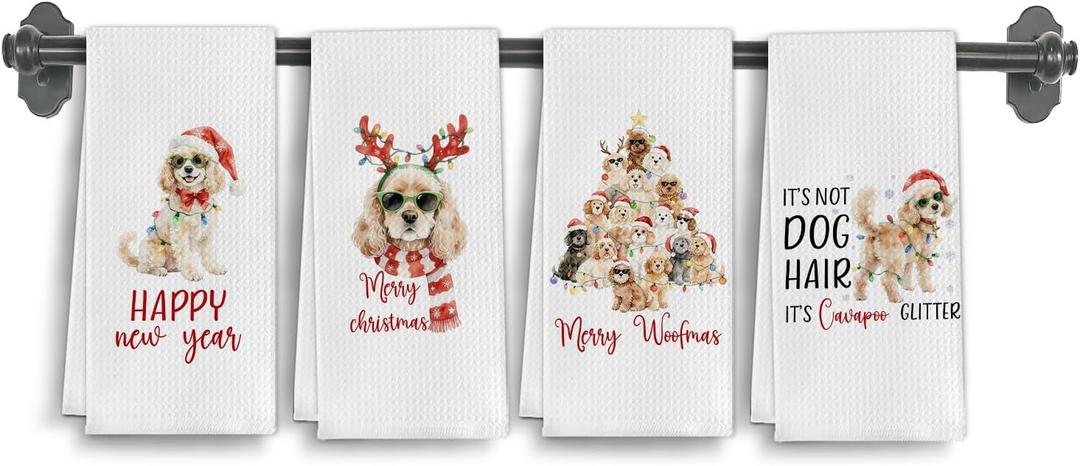Winter Christmas Cavapoo Dog Kitchen Towels, Cavapoo Gifts Dish Tea Towels for Kitchen Decor, Dog Lover Mom Owner Gifts Decorative Hand Towel for Bathroom, 16x24 Inch Set of 4